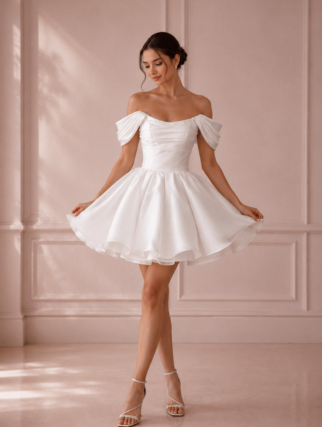 Women’s White Short Off-Shoulder Bridesmaid Mini Dress with Corset Back Detail