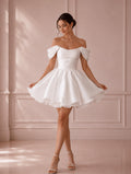 Women’s White Short Off-Shoulder Bridesmaid Mini Dress with Corset Back Detail