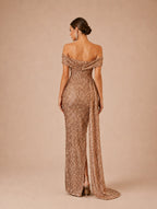 Women’s Champagne Glamorous Sequin Off-Shoulder Short Sleeve Regular Maxi Dress with High Slit