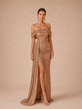 Women’s Champagne Glamorous Sequin Off-Shoulder Short Sleeve Regular Maxi Dress with High Slit
