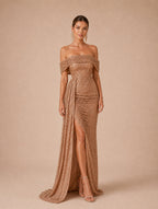 Women’s Champagne Glamorous Sequin Off-Shoulder Short Sleeve Regular Maxi Dress with High Slit