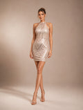 Women’s Champagne Glamorous Sequin Halter Neck Sleeveless Regular Mini Dress with Beaded Chain Detail