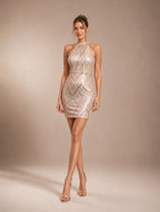 Women’s Champagne Glamorous Sequin Halter Neck Sleeveless Regular Mini Dress with Beaded Chain Detail