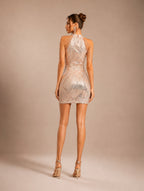 Women’s Champagne Glamorous Sequin Halter Neck Sleeveless Regular Mini Dress with Beaded Chain Detail