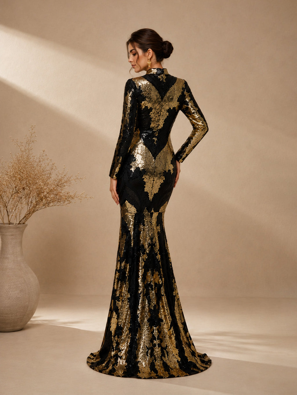 Women’s Black Gold Vintage Sequin Polyester Blend Stand Collar Long Sleeve Fitted Mermaid Maxi Prom Dress