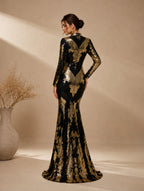 Women’s Black Gold Vintage Sequin Polyester Blend Stand Collar Long Sleeve Fitted Mermaid Maxi Prom Dress