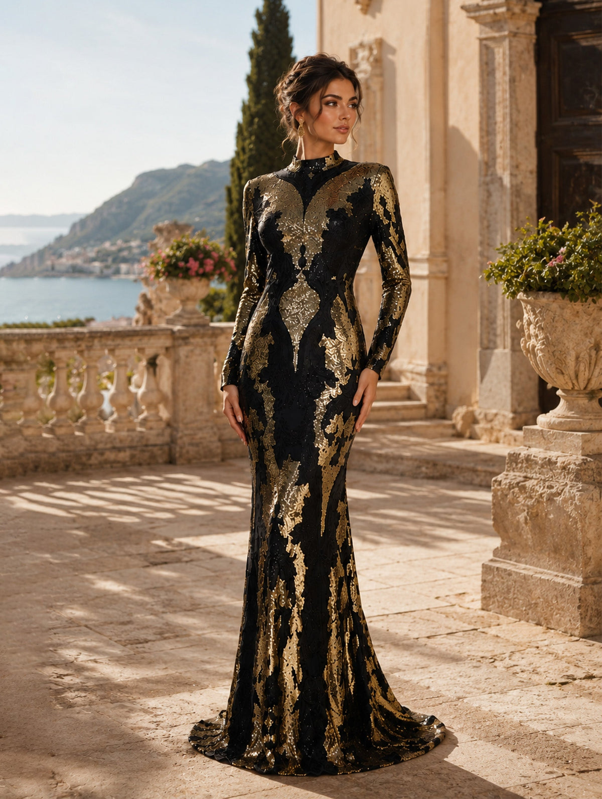 Women’s Black Gold Vintage Sequin Polyester Blend Stand Collar Long Sleeve Fitted Mermaid Maxi Prom Dress