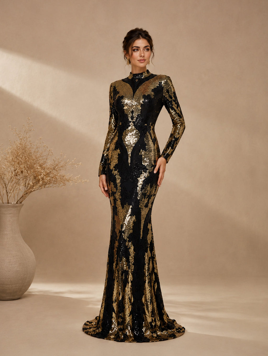 Women’s Black Gold Vintage Sequin Polyester Blend Stand Collar Long Sleeve Fitted Mermaid Maxi Prom Dress
