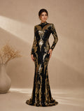 Women’s Black Gold Vintage Sequin Polyester Blend Stand Collar Long Sleeve Fitted Mermaid Maxi Prom Dress