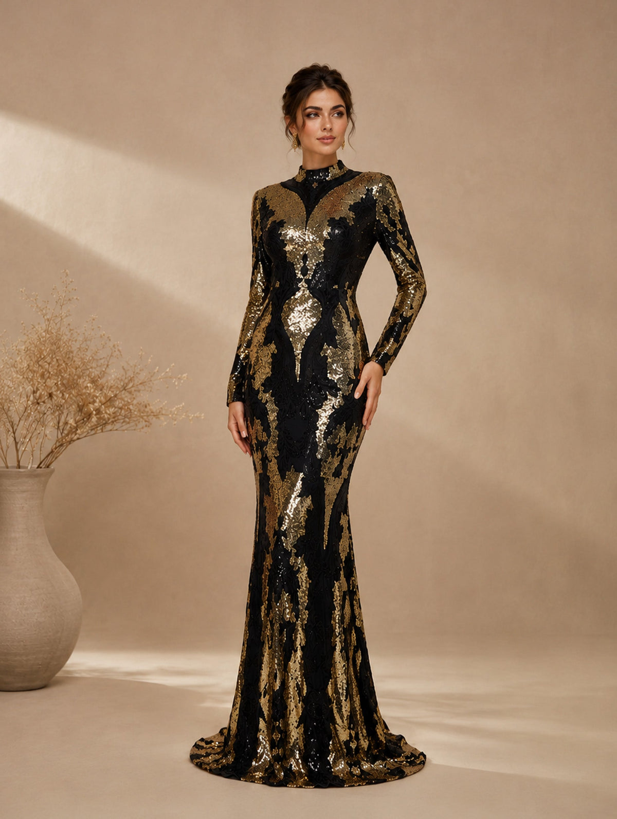 Women’s Black Gold Vintage Sequin Polyester Blend Stand Collar Long Sleeve Fitted Mermaid Maxi Prom Dress