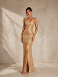 Women’s Gold Glamorous Sequin V-Neck Spaghetti Strap Tailored Midi Dress with Side Slit