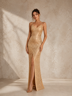 Women’s Gold Glamorous Sequin V-Neck Spaghetti Strap Tailored Midi Dress with Side Slit