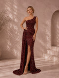 Women’s Wine Glamorous Sequin One-Shoulder Sleeveless Regular Maxi Dress with Draped Detail and Side Slit