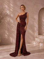 Women’s Wine Glamorous Sequin One-Shoulder Sleeveless Regular Maxi Dress with Draped Detail and Side Slit