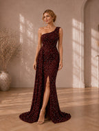Women’s Wine Glamorous Sequin One-Shoulder Sleeveless Regular Maxi Dress with Draped Detail and Side Slit