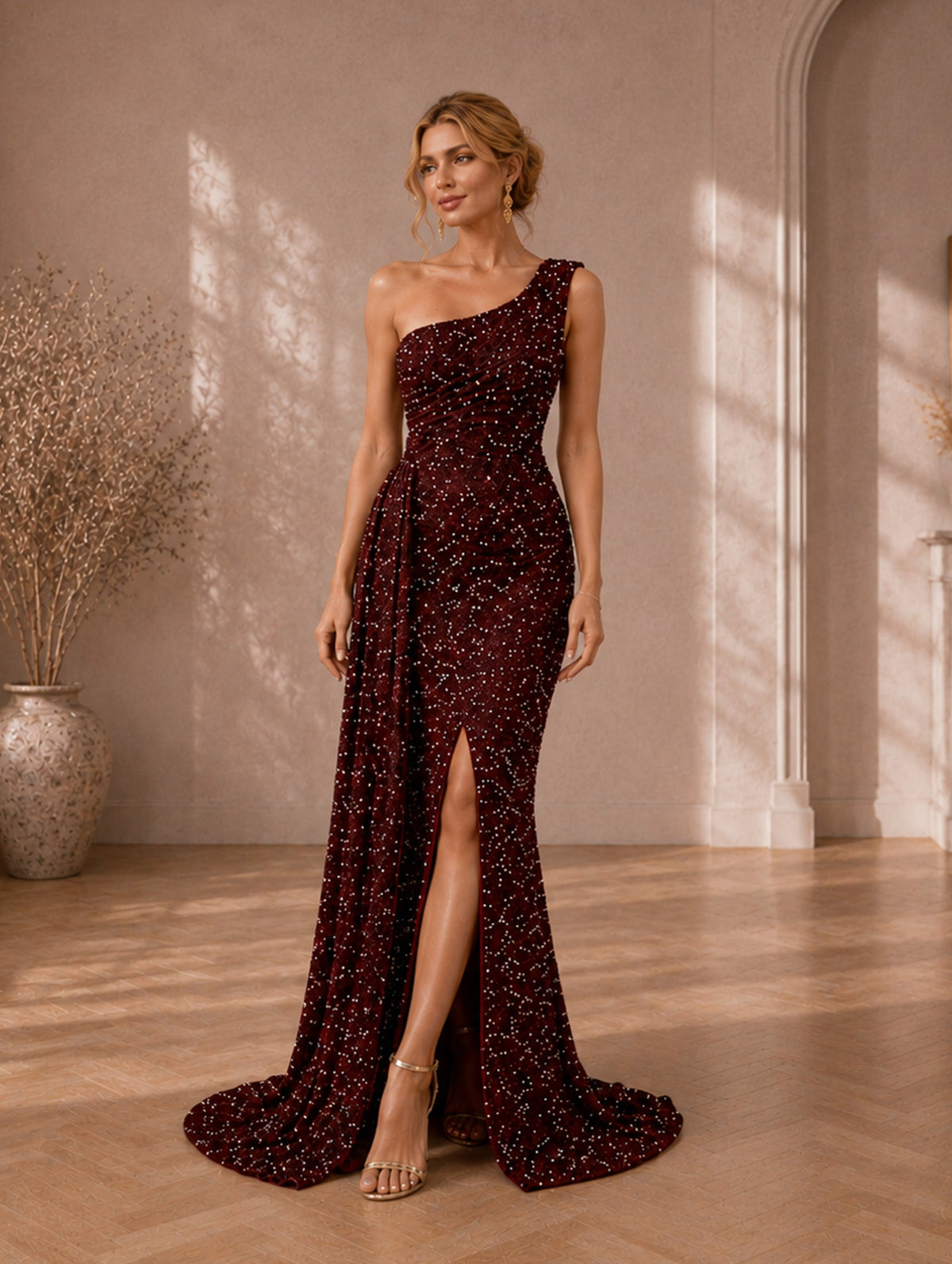 Women’s Wine Glamorous Sequin One-Shoulder Sleeveless Regular Maxi Dress with Draped Detail and Side Slit