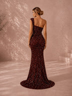 Women’s Wine Glamorous Sequin One-Shoulder Sleeveless Regular Maxi Dress with Draped Detail and Side Slit