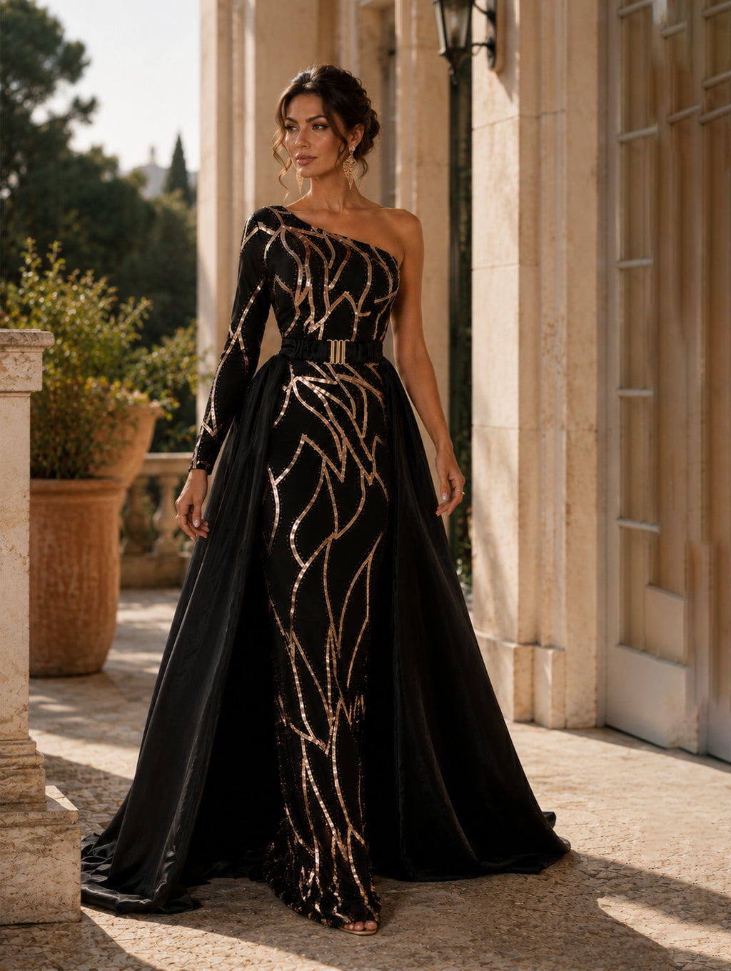 Women’s Black Gold Glamorous Sequin One-Shoulder One Long Sleeve Fitted Maxi Prom Dress with Belted Cape Detail