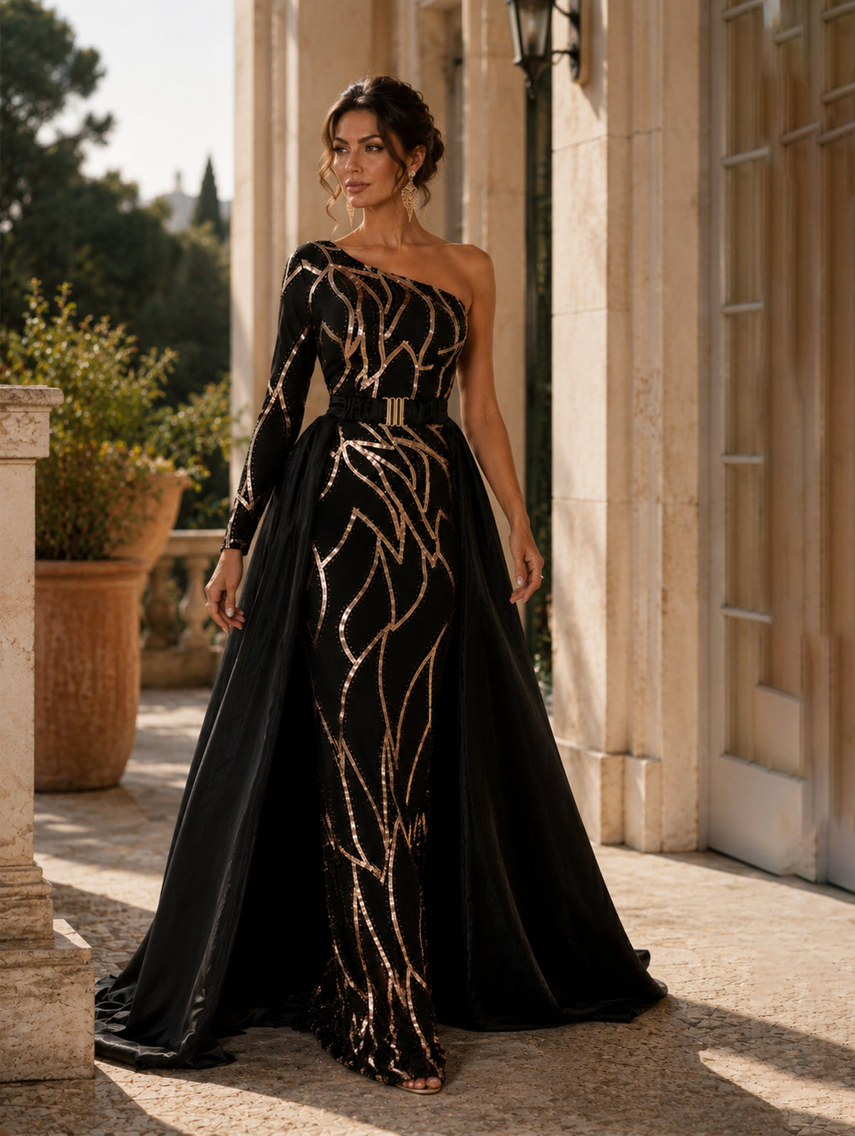 Women’s Black Gold Glamorous Sequin One-Shoulder One Long Sleeve Fitted Maxi Prom Dress with Belted Cape Detail