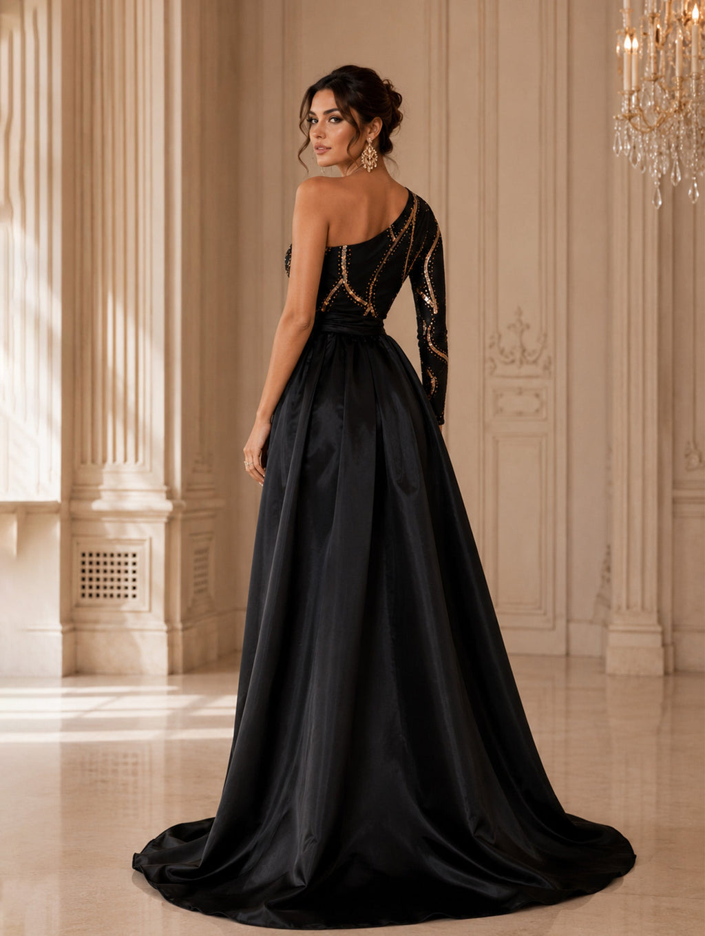 Women’s Black Gold Glamorous Sequin One-Shoulder One Long Sleeve Fitted Maxi Prom Dress with Belted Cape Detail