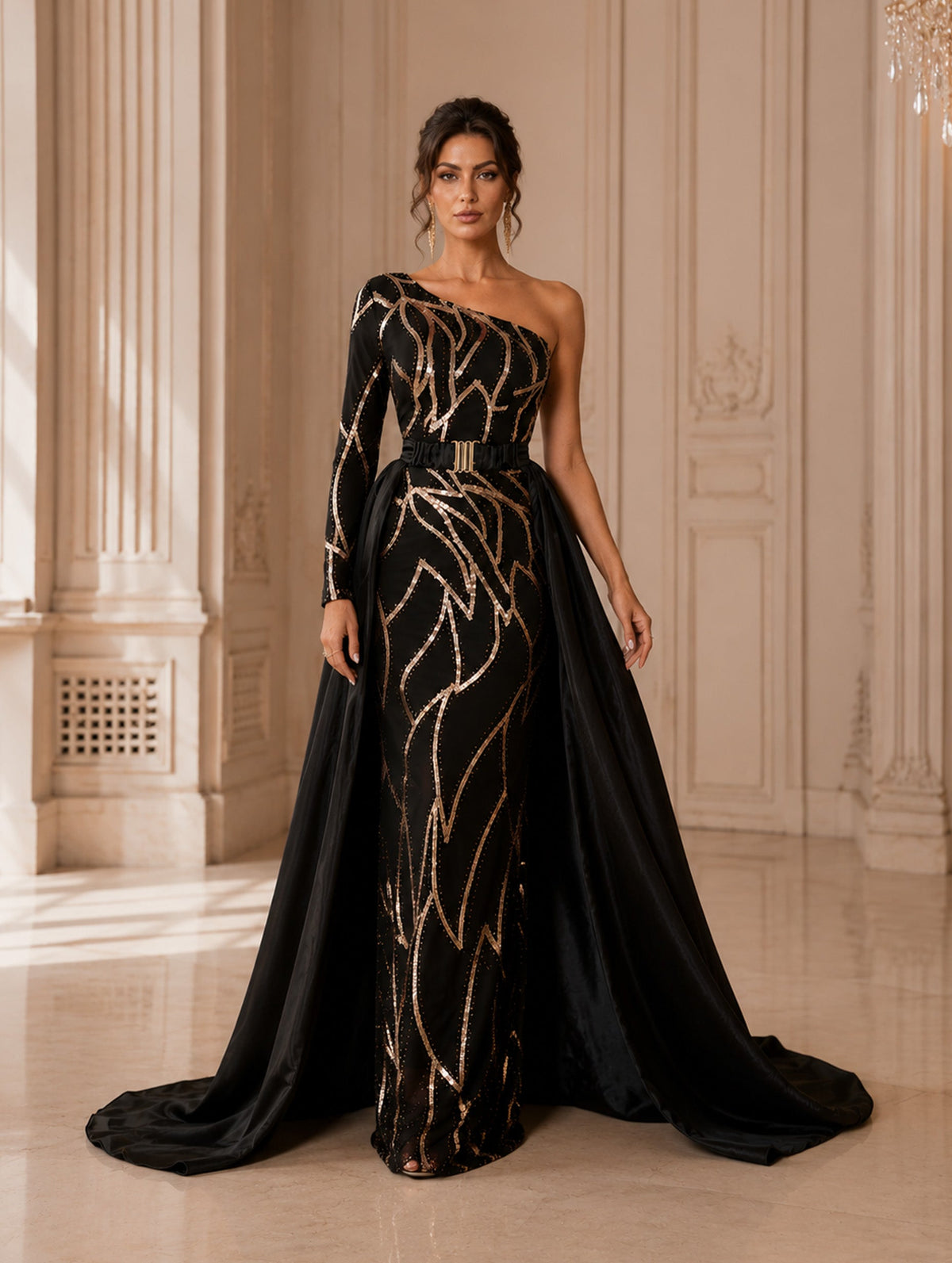 Women’s Black Gold Glamorous Sequin One-Shoulder One Long Sleeve Fitted Maxi Prom Dress with Belted Cape Detail