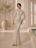 Women’s Apricot Glamorous Sequin Polyester Blend High Neck Bell Sleeve Regular Mermaid Maxi Prom Dress