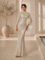 Women’s Apricot Glamorous Sequin Polyester Blend High Neck Bell Sleeve Regular Mermaid Maxi Prom Dress