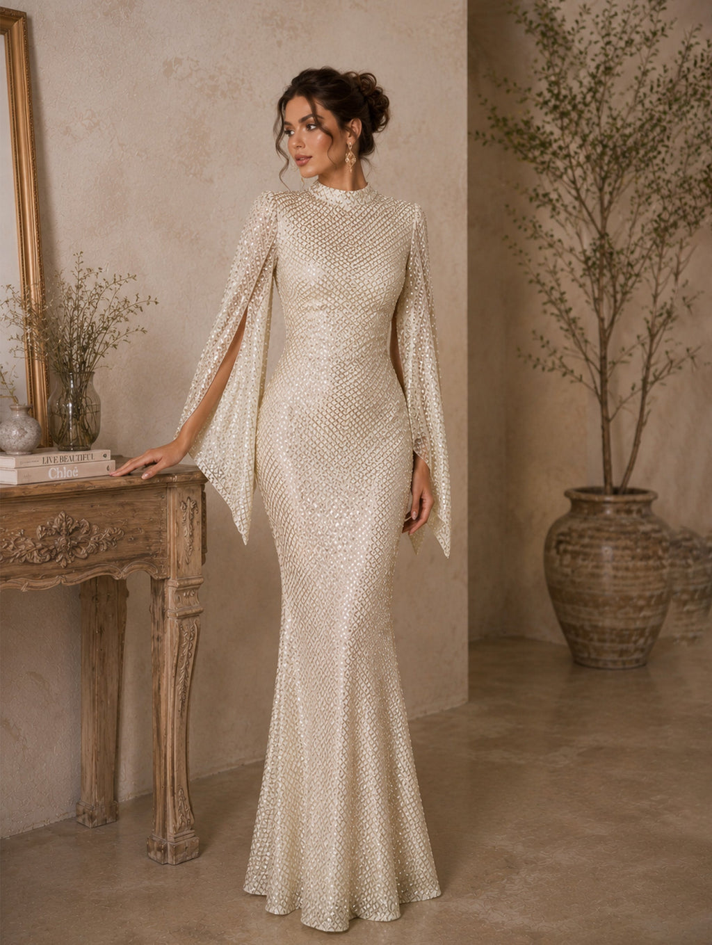 Women’s Apricot Glamorous Sequin Polyester Blend High Neck Bell Sleeve Regular Mermaid Maxi Prom Dress