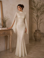 Women’s Apricot Glamorous Sequin Polyester Blend High Neck Bell Sleeve Regular Mermaid Maxi Prom Dress