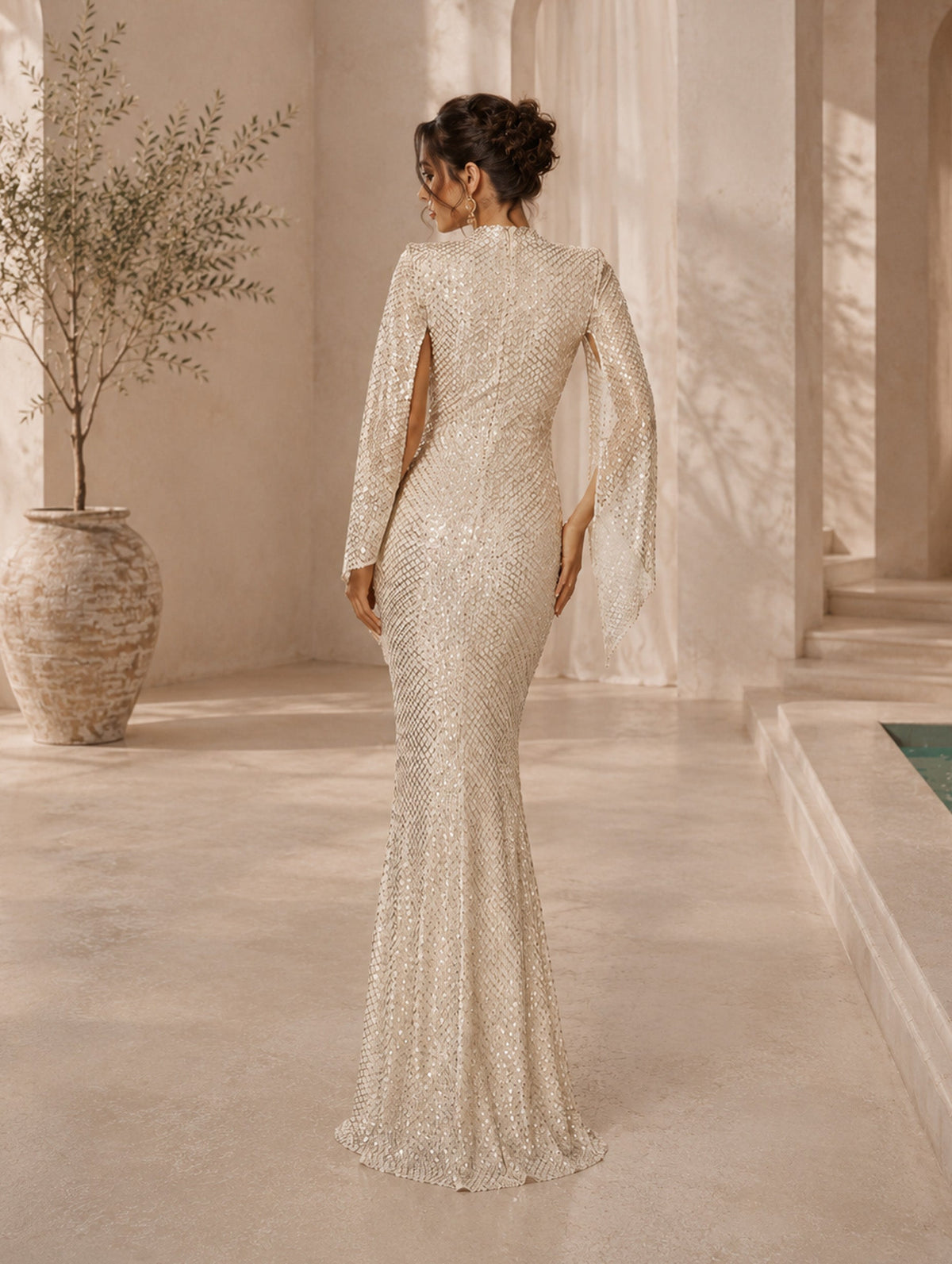 Women’s Apricot Glamorous Sequin Polyester Blend High Neck Bell Sleeve Regular Mermaid Maxi Prom Dress