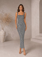 Women’s Gray Glamorous Sequin Square Neck Sleeveless Fitted Midi Dress