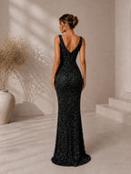 Women’s Black Glamorous Sequin V-Neck Sleeveless Fitted Maxi Prom Dress with Side Slit