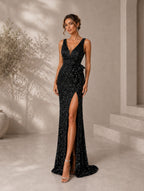 Women’s Black Glamorous Sequin V-Neck Sleeveless Fitted Maxi Prom Dress with Side Slit