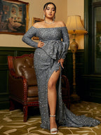 Plus Size Off The Shoulder Bow Knot Split Maxi Evening Dress