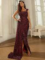 Women’s Wine Glamorous Sequin One-Shoulder Sleeveless Regular Maxi Dress with Draped Detail and Side Slit