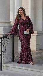 Women’s Silver Blue Glamorous Sequin Mesh V Neck Long Bell Sleeve Mermaid Maxi Dress with Embellished Detail