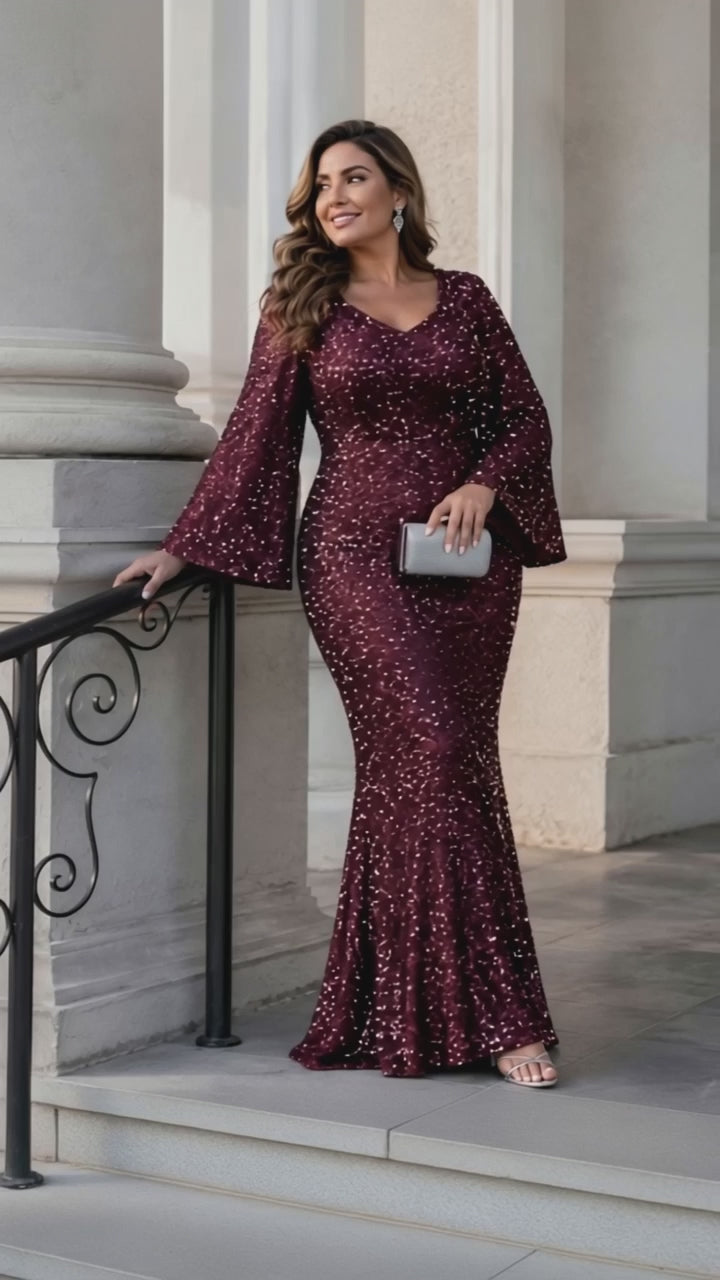 Women’s Silver Blue Glamorous Sequin Mesh V Neck Long Bell Sleeve Mermaid Maxi Dress with Embellished Detail