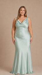 Women’s Mint Green Elegant Satin Cowl Neck Sleeveless Mermaid Maxi Dress
