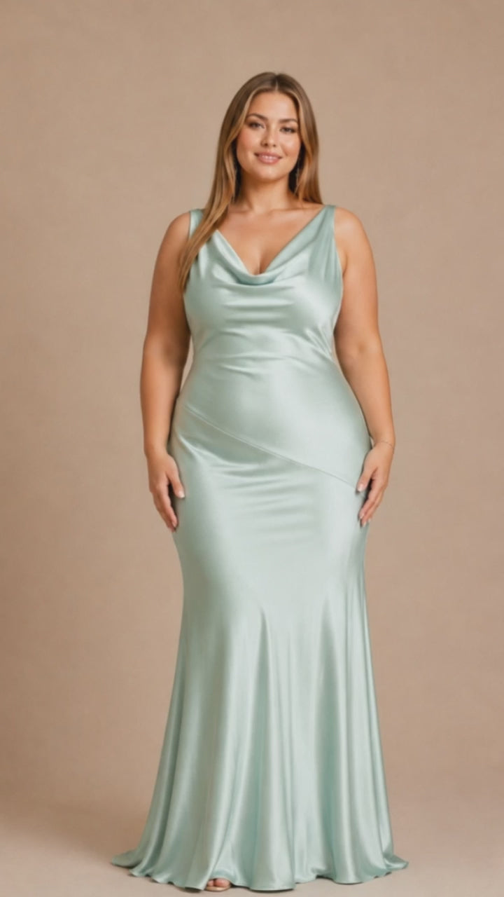 Women’s Mint Green Elegant Satin Cowl Neck Sleeveless Mermaid Maxi Dress