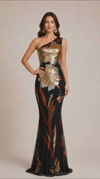 Women’s Black Gold Glamorous Sequin One-Shoulder Sleeveless Fitted Maxi Dress with Floral Detail