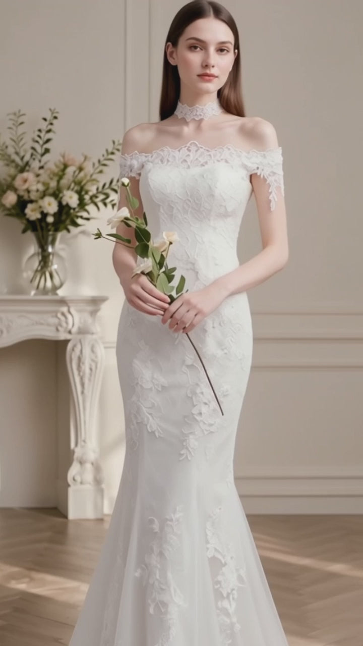 Women’s White Romantic Lace Off Shoulder Short Sleeve Mermaid Maxi Wedding Dress with Floral Appliqué