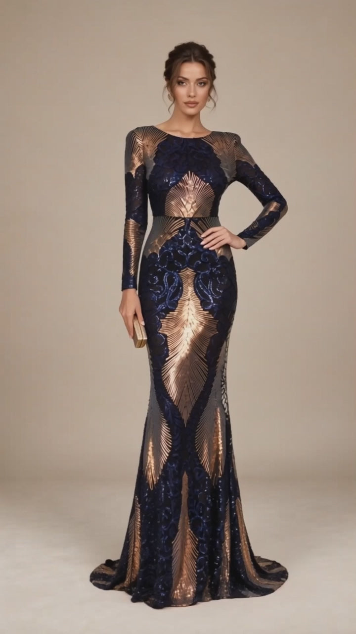Women’s Red Green Glamorous Sequin Round Neck Long Sleeve Fitted Mermaid Maxi Dress with Open Back