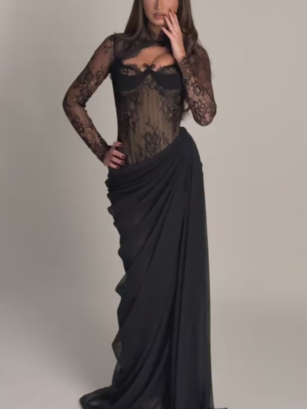 Women’s Black Gothic Elegant Floral Lace High Neck Long Sleeve Sheer Mermaid Maxi Dress with Ruched Draped Detail