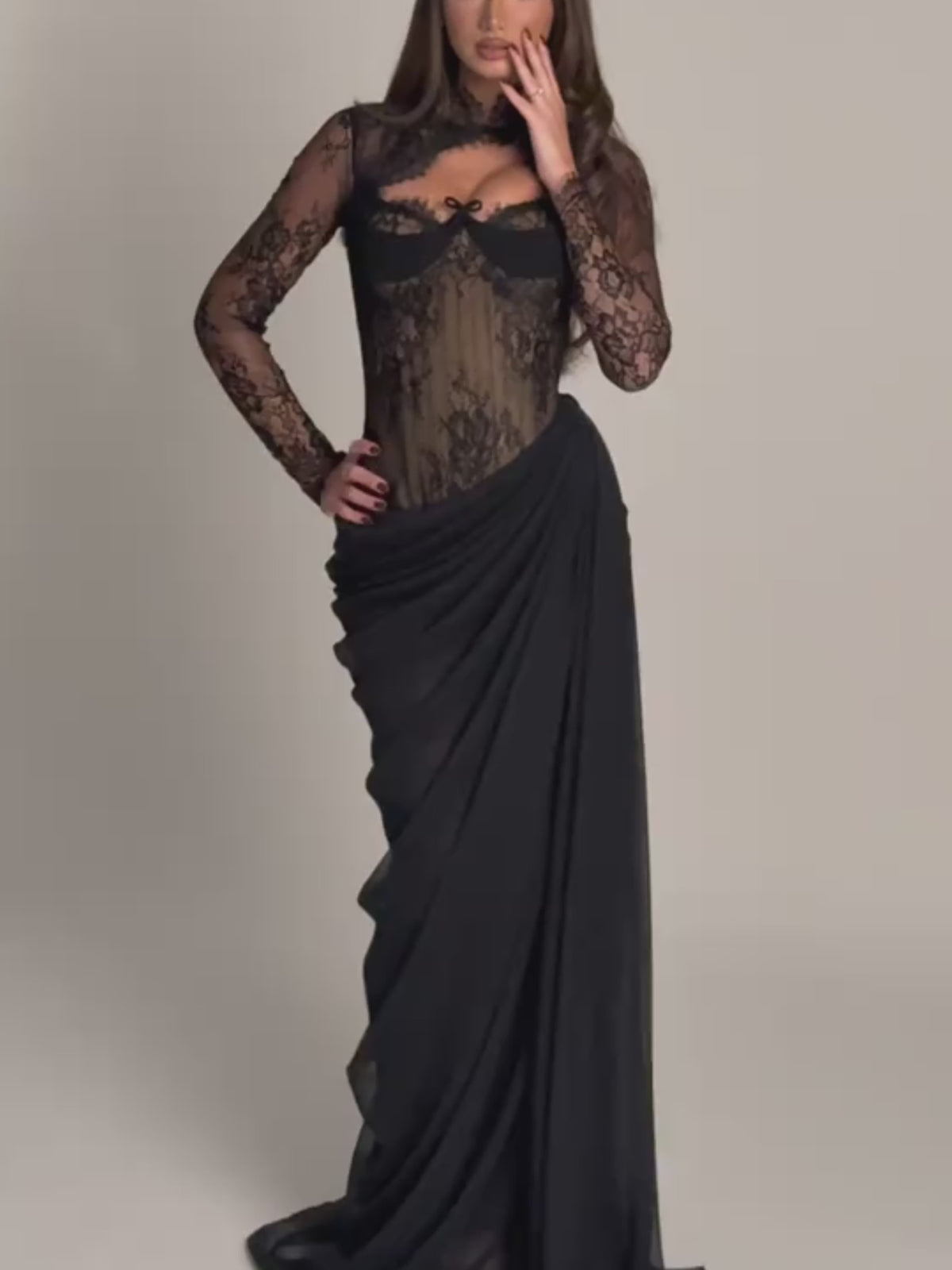 Women’s Black Gothic Elegant Floral Lace High Neck Long Sleeve Sheer Mermaid Maxi Dress with Ruched Draped Detail