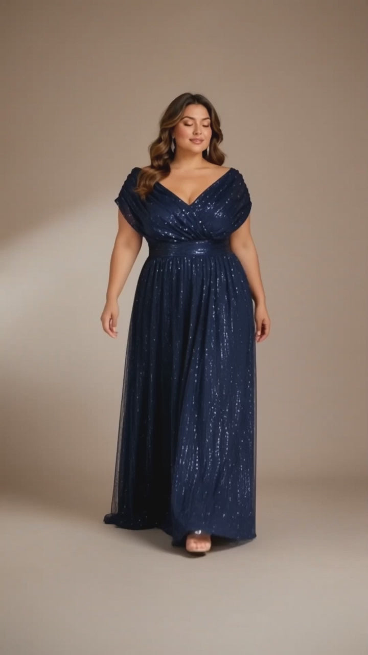 Women’s Navy Blue Glamorous Sequin Mesh V Neck Short Sleeve A-Line Maxi Dress with Pleated Wrap Bodice Detail