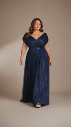 Women’s Navy Blue Glamorous Sequin Mesh V Neck Short Sleeve A-Line Maxi Dress with Pleated Wrap Bodice Detail