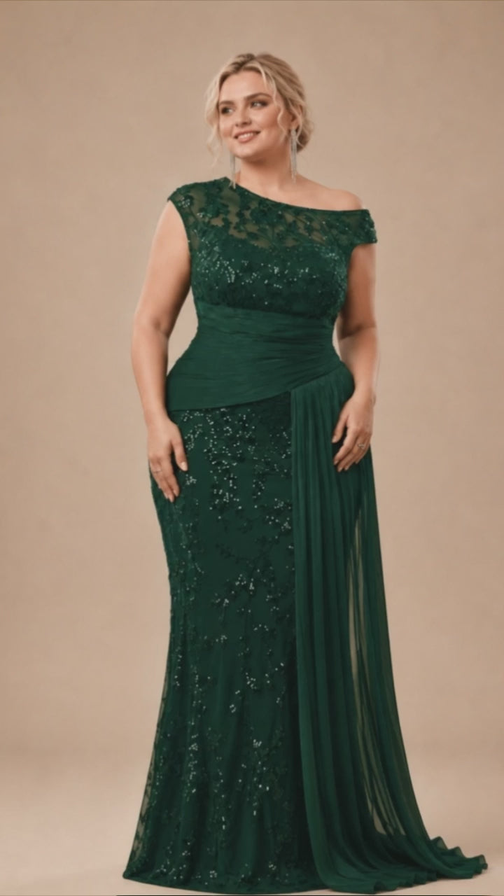 Women’s Black Elegant Sequin Lace Asymmetric Neck Cap Sleeve Mermaid Maxi Dress with Draped Side Panel