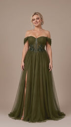Women’s Olive Green Elegant Tulle Off Shoulder Short Sleeve A-Line Maxi Dress with Floral Appliqué
