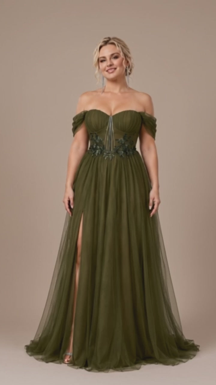 Women’s Olive Green Elegant Tulle Off Shoulder Short Sleeve A-Line Maxi Dress with Floral Appliqué