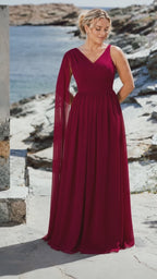 Women’s Burgundy Elegant Chiffon V-Neck Sleeveless A-Line Maxi Dress with Cape Detail